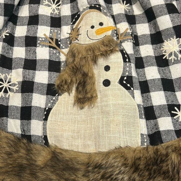 Black & White Buffalo Check Snowman Tree Skirt Round Circle Faux Fur Trim 20" - Picture 2 of 5